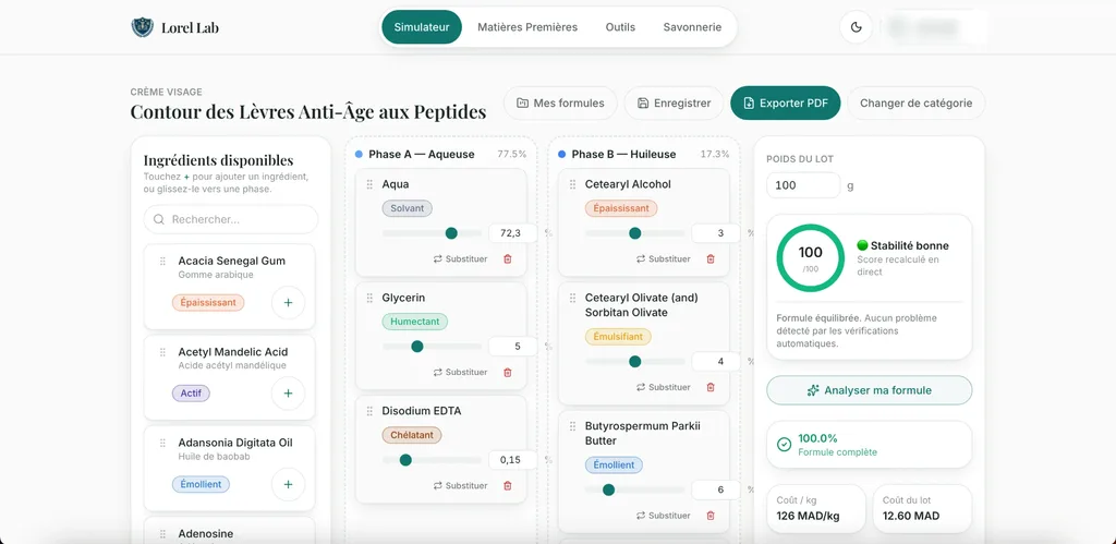 Simulateur Lorel Lab: فورمول crème مقسمة لـphases، Score ديال الاستقرار 100/100، والتكلفة 126 MAD/kg