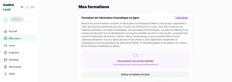Espace membre ديال Institut Lorel: Mes cours، Lives، Examens، Planning، Documents